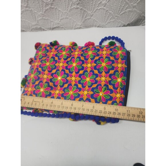 Multicolored Embroidered India Purse PomPoms Zip Closure Bright Colorful... - Picture 5 of 6